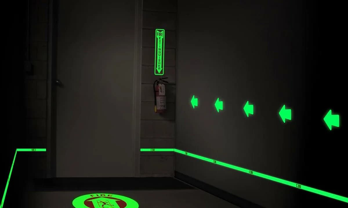 Glow paint on emergency egress and night-path guidance routes
