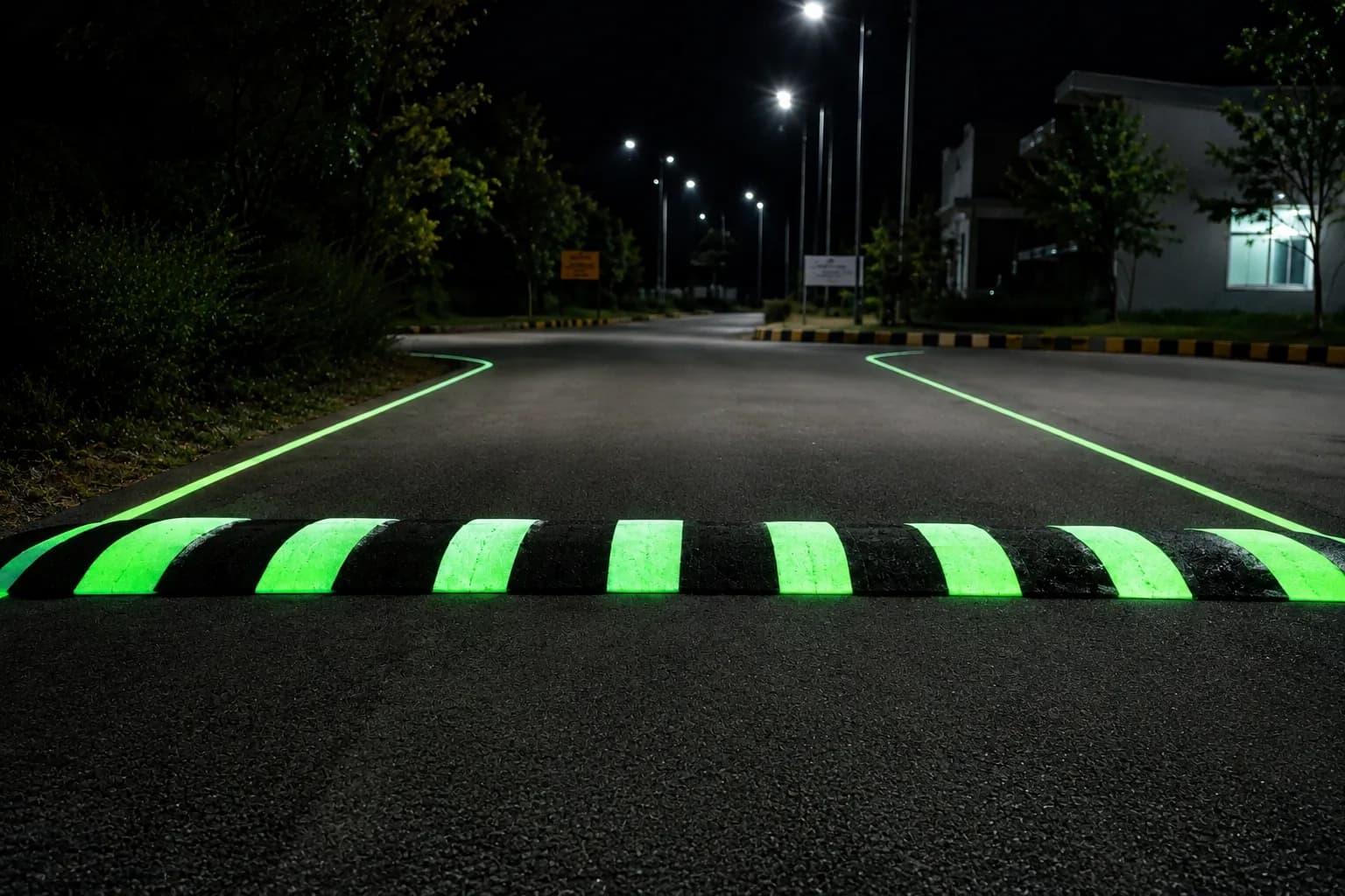 Photoluminescent glow-in-the-dark road paint arrows at night
