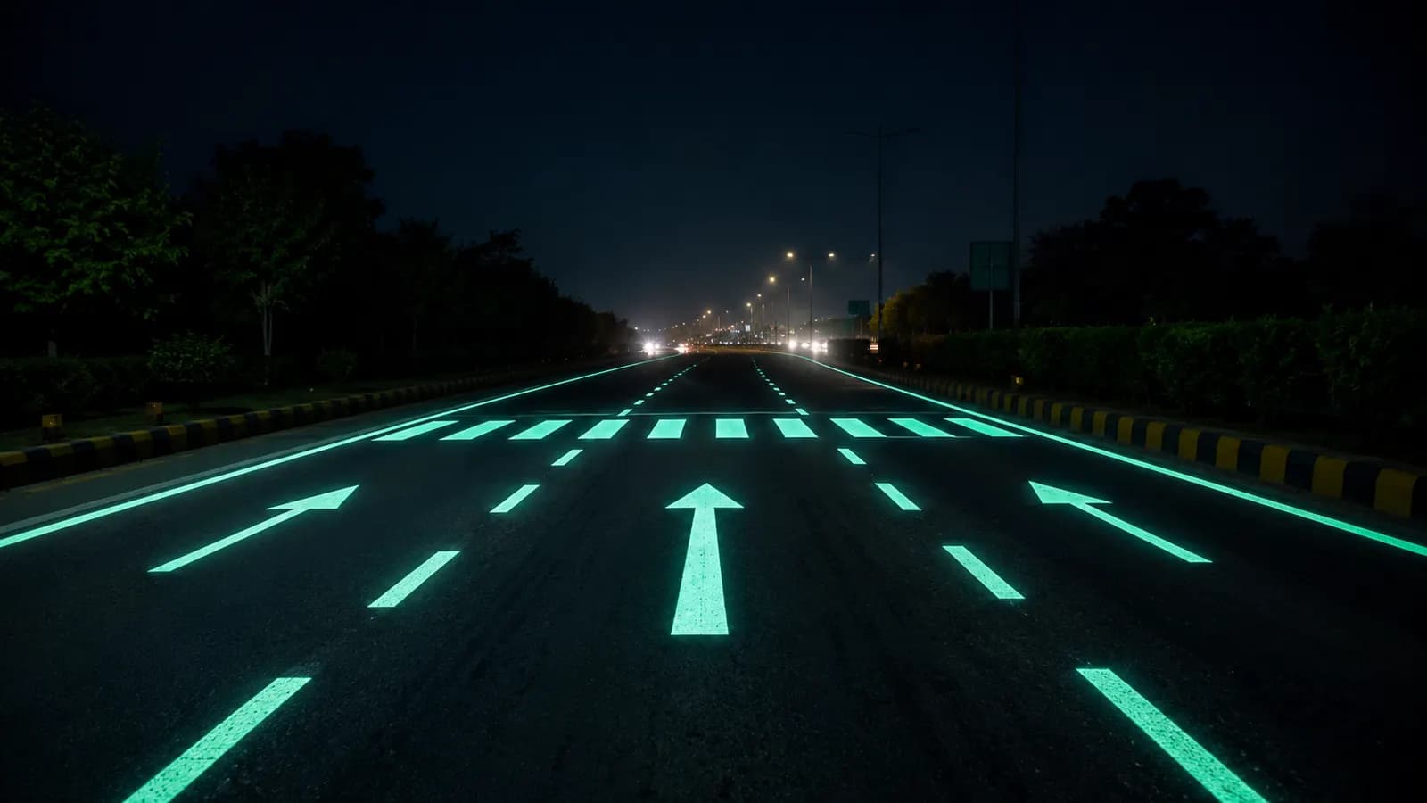 Photoluminescent glow in the dark road paint at night