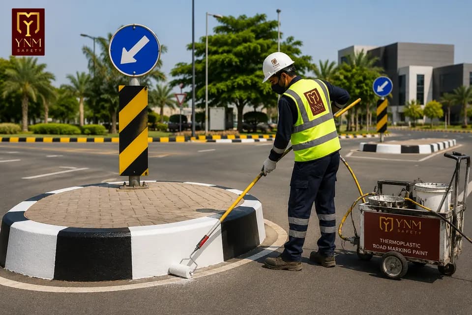 Waterborne kerb marking paint on traffic islands and kerbs