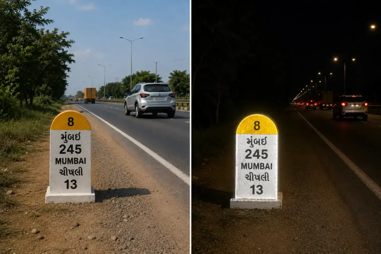 Kilometre stone painted with high-gloss reflective enamel on an Indian highway