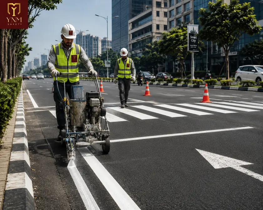 Hot thermoplastic road marking paint on urban city street — YNM Safety thermoplastic paint manufacturers